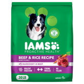 IAMS Proactive Health dry dog food bag front highlights beef as primary protein for large breeds
