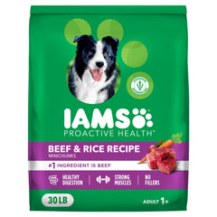 IAMS Proactive Health dry dog food bag front highlights beef as primary protein for large breeds