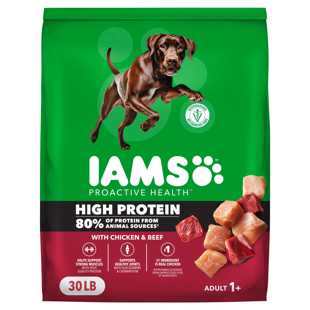 IAMS Proactive Health High Protein dog food bag front, supports muscle health