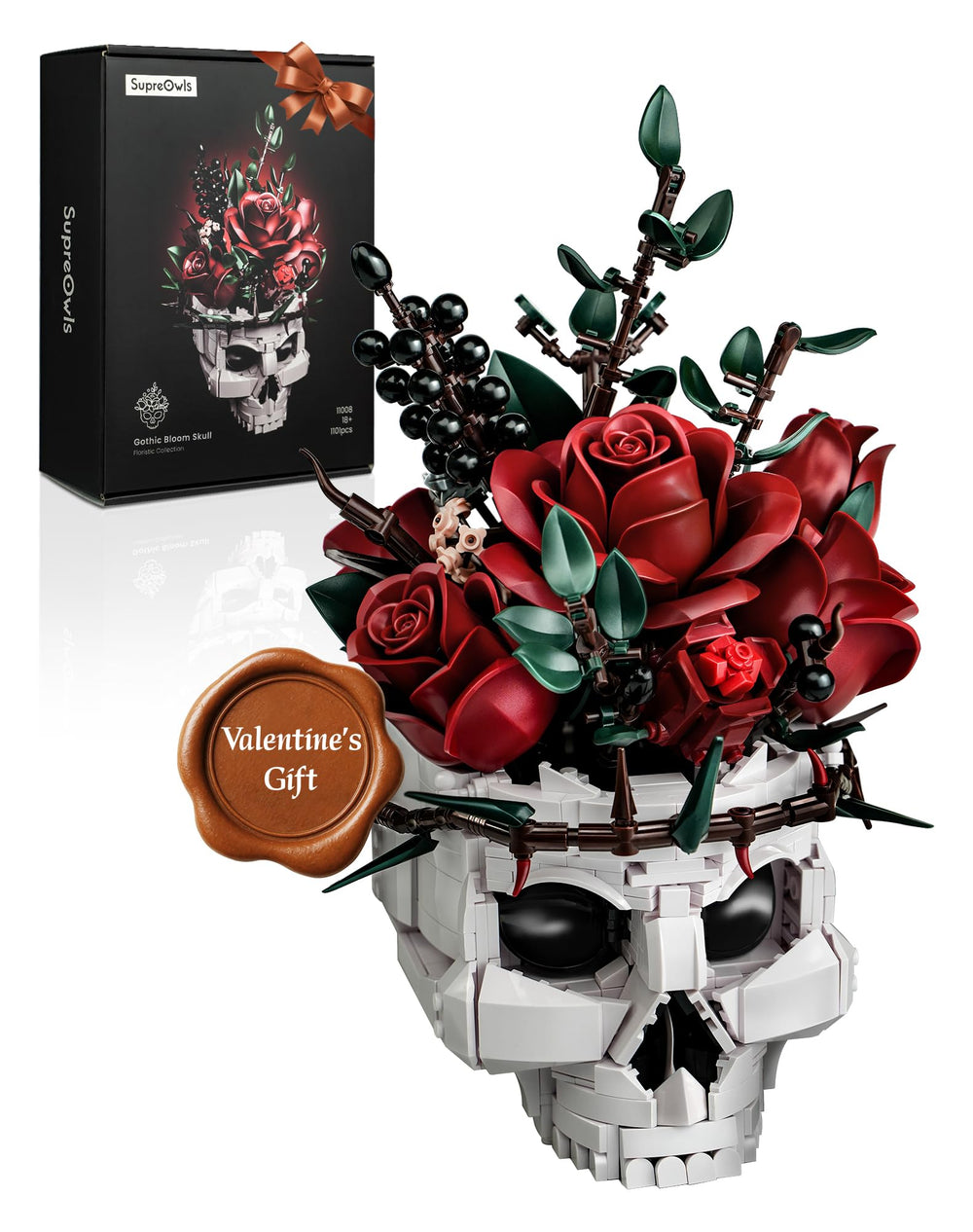 iATOM Skull Roses Bouquet build set shown ready for a dramatic gothic display.
