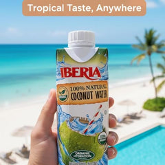 Glass pouring Iberia coconut water—crisp taste and refreshing finish.