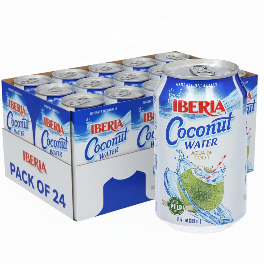 Iberia Coconut Water with Pulp bottle close-up shows natural pulp texture.