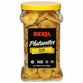Iberia garlic plantain chips jar showing crisp texture for quick snacking