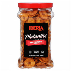 Iberia Maduritos plantain chips jar shows natural sweetness and convenient snacking