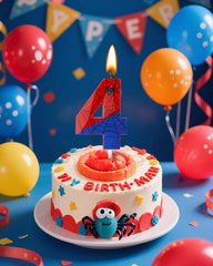 IBLESSU number candle with spider motif provides bold cake presence.
