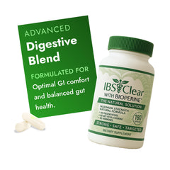 IBS Clear bottle front view promoting convenient daily digestive support