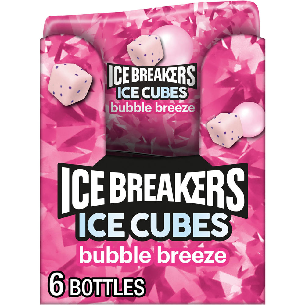 Ice Breakers Ice Cubes Bubble Breeze bottle close-up for portable freshness on the go.