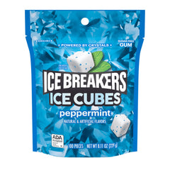 Peppermint crystals in Ice Breakers Ice Cubes suggest cooling mint flavor.