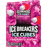 Ice Breakers Ice Cubes Raspberry Sorbet bottle front view displaying sugar-free breath refreshment.