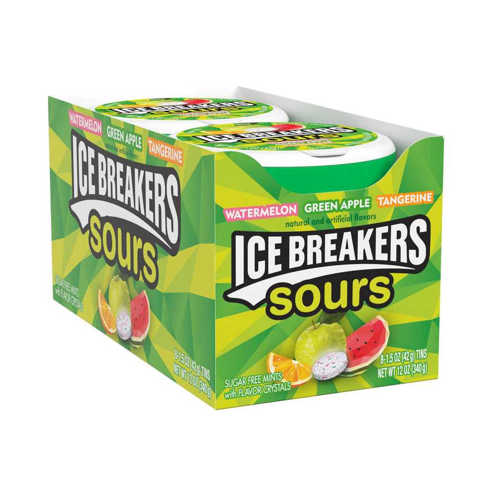 Ice Breakers Sours mint tin front view shows assorted fruit flavors for on-the-go refreshment.