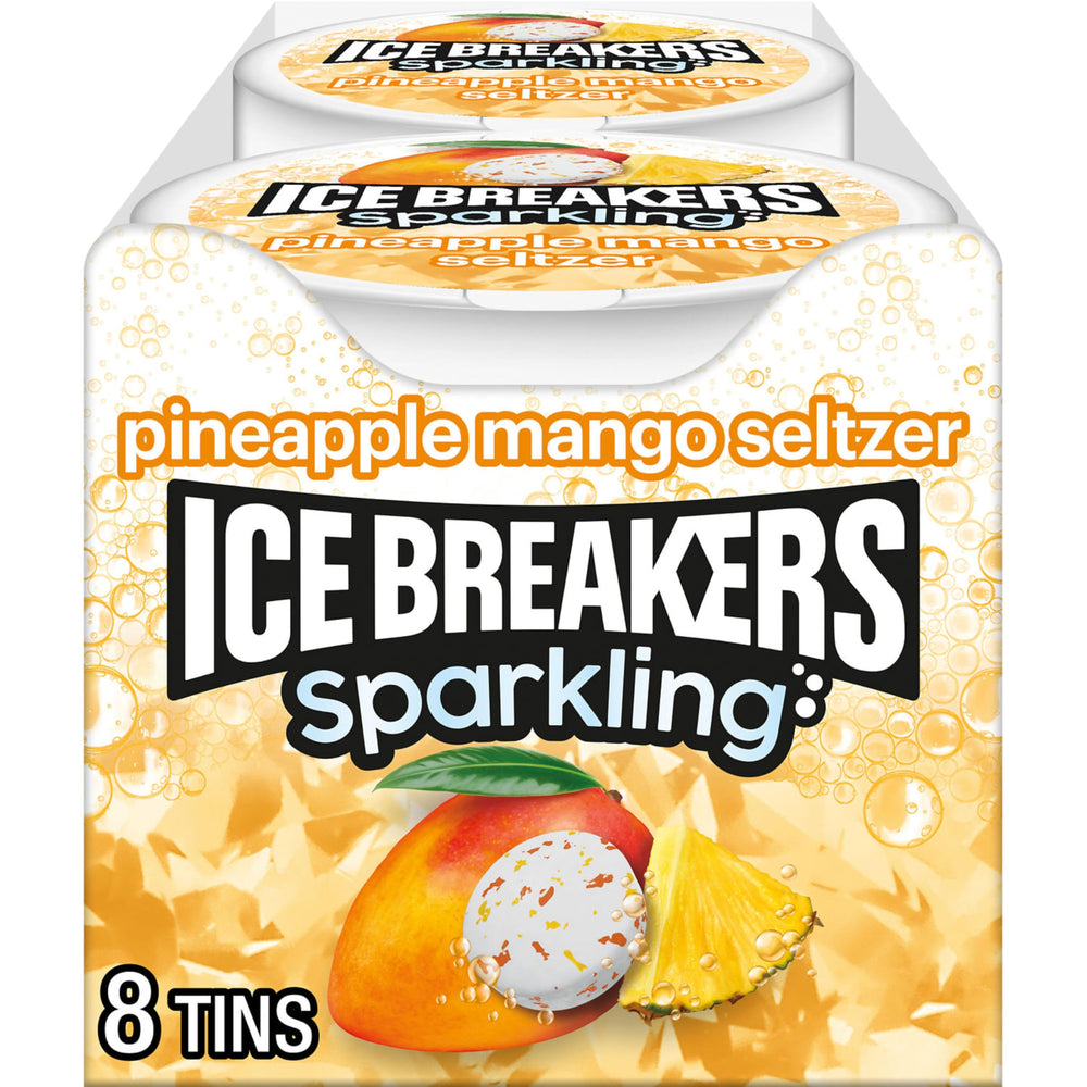 Ice Breakers sparkling pineapple mango tin front view for portable refreshment.