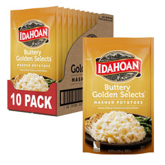 Idahoan Buttery Golden Selects mashed potatoes pouch closeup for quick prep.