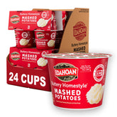 Idahoan Buttery Homestyle Mashed Potatoes Cup 24-pack display, a quick weeknight side.