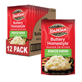 Idahoan Buttery Homestyle Reduced Sodium mash pouch front, convenient family-side potatoes