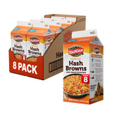Idahoan Fresh Cut Hash Browns carton eight servings on the counter, ideal for easy-prep breakfasts.