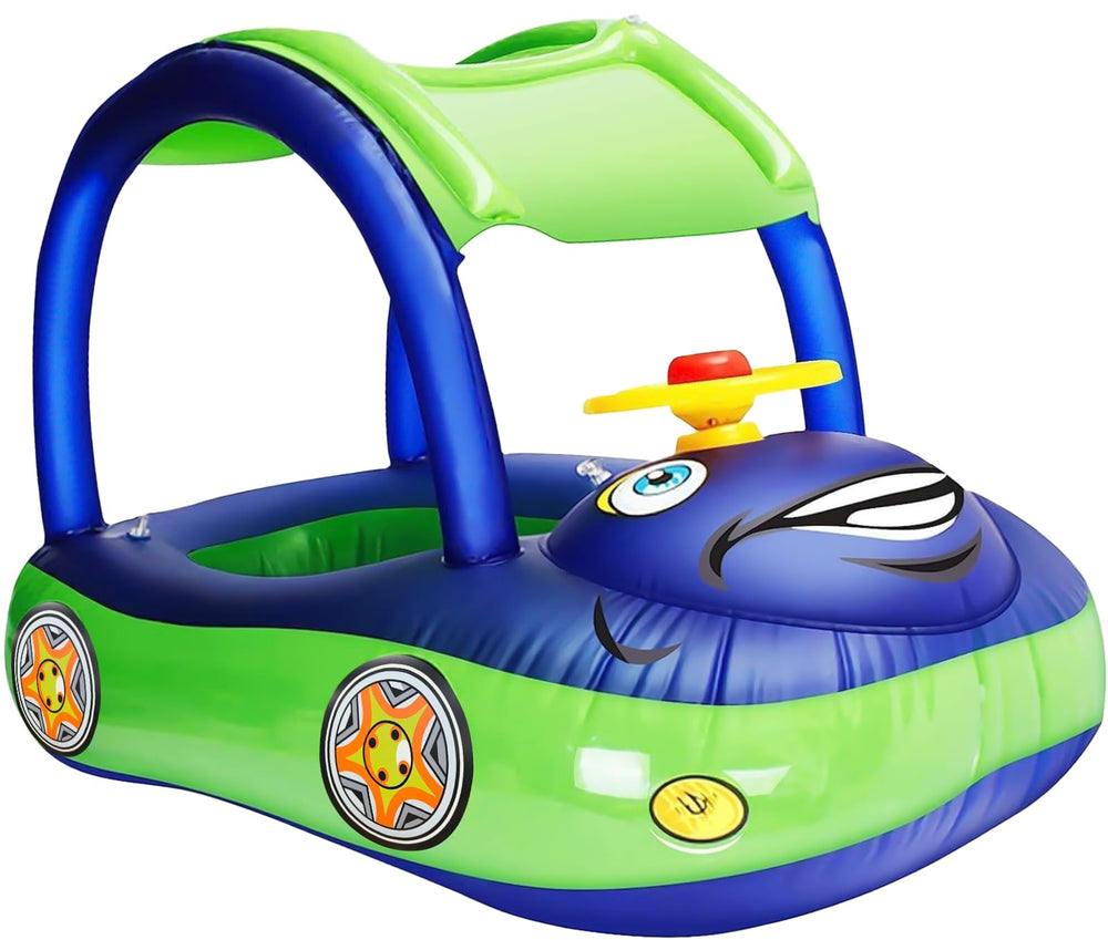 iGeeKid inflatable baby pool float with canopy in blue provides sun shade and comfort.