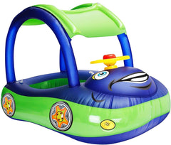 iGeeKid inflatable baby pool float with canopy in blue provides sun shade and comfort.