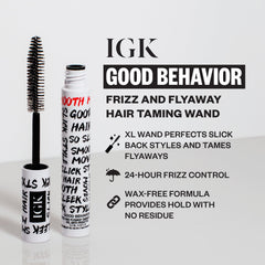 IGK Good Behavior mascara-style wand closeup shows precise targeting along hairline and parts.