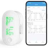 iHealth Air fingertip oximeter front view with quick SpO2 and pulse rate readings.