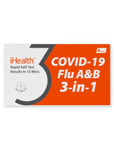 iHealth 3-in-1 COVID-19 and Flu A&B kit box front for home testing.