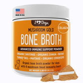 iHeartDogs bone broth powder bottle pour, nourishing joints and digestion.
