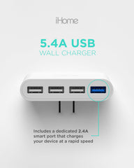 iHome Slim 4-Port USB Charger foldable prongs; travel-friendly in any bag.