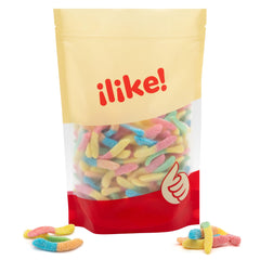 ILIKE! Neon Sour Gummy Worms with colorful fruit flavors for bright dessert garnishes.