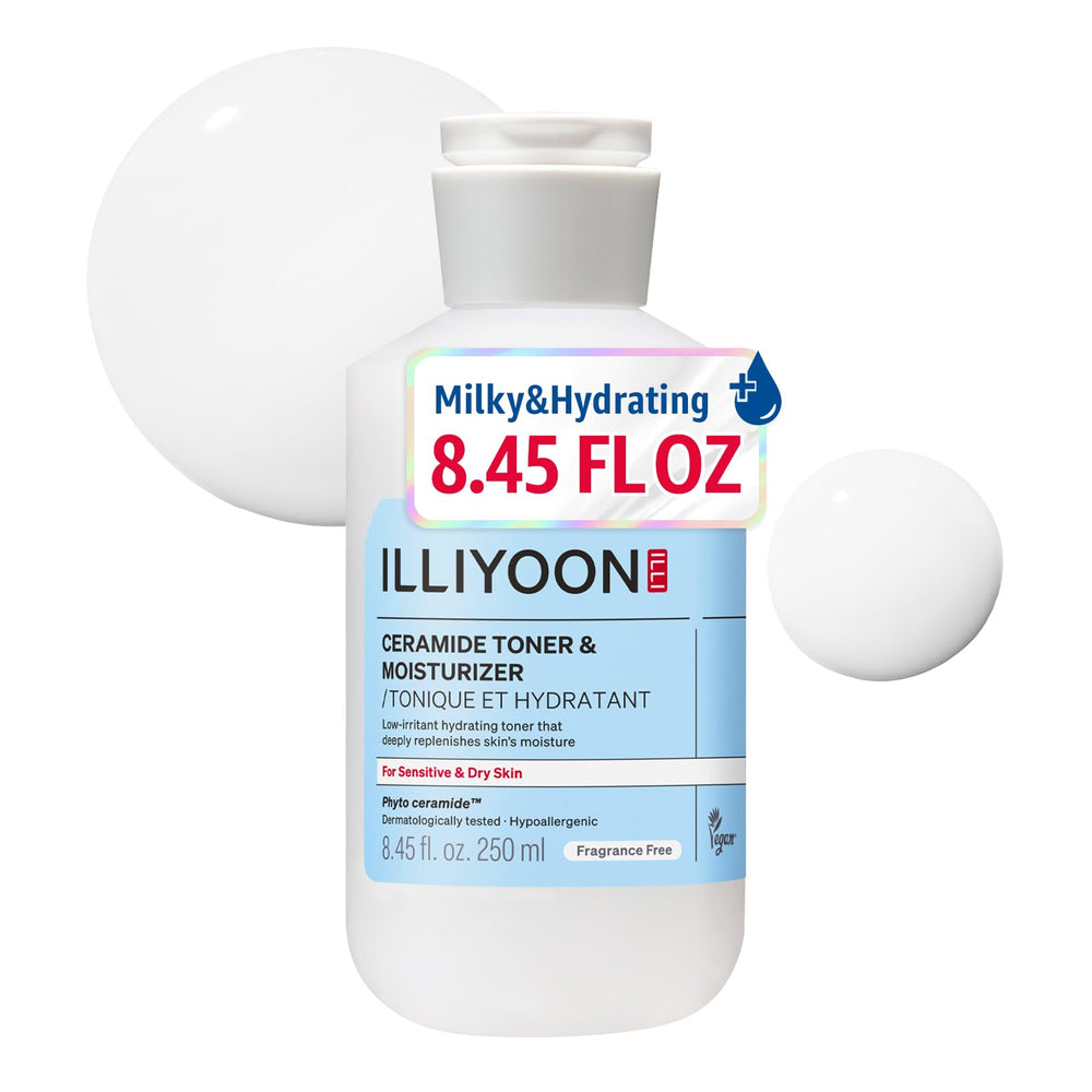 Illiyoon Ceramide ATO Milky Toner bottle showing fragrance-free hydration for sensitive skin