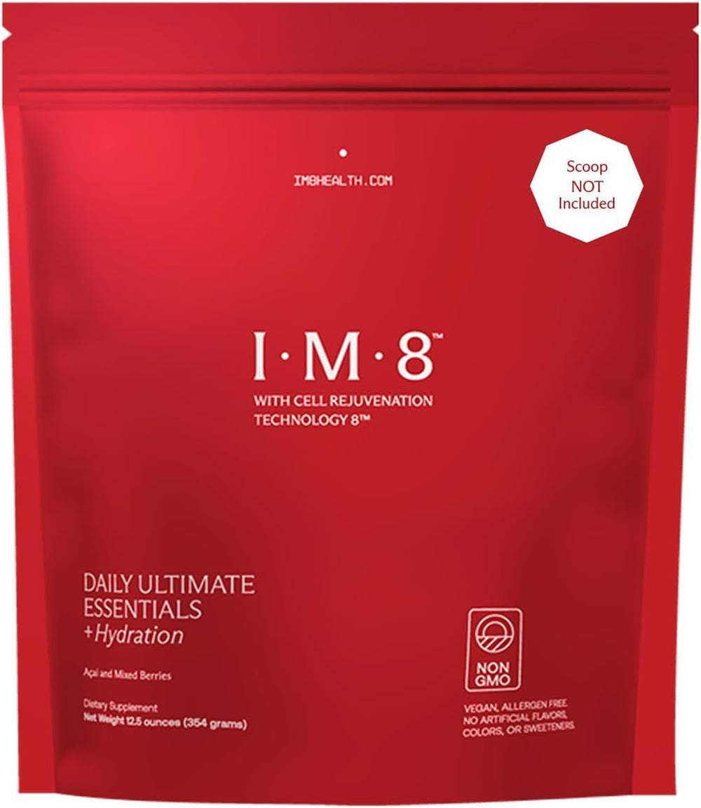 IM8 Daily Ultimate Essentials tub label highlights 92 ingredients for comprehensive daily nutrition.