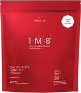 IM8 Daily Ultimate Essentials tub label highlights 92 ingredients for comprehensive daily nutrition.