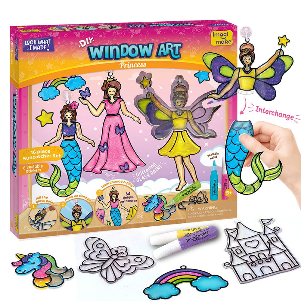 Imagimake Window Art Princess kit contents showcase suncatchers and paints for creative window decoration.