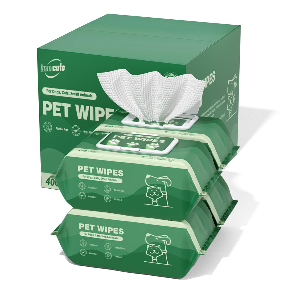 IMMCUTE 400-piece dog wipes box front, convenient for quick pet cleaning.