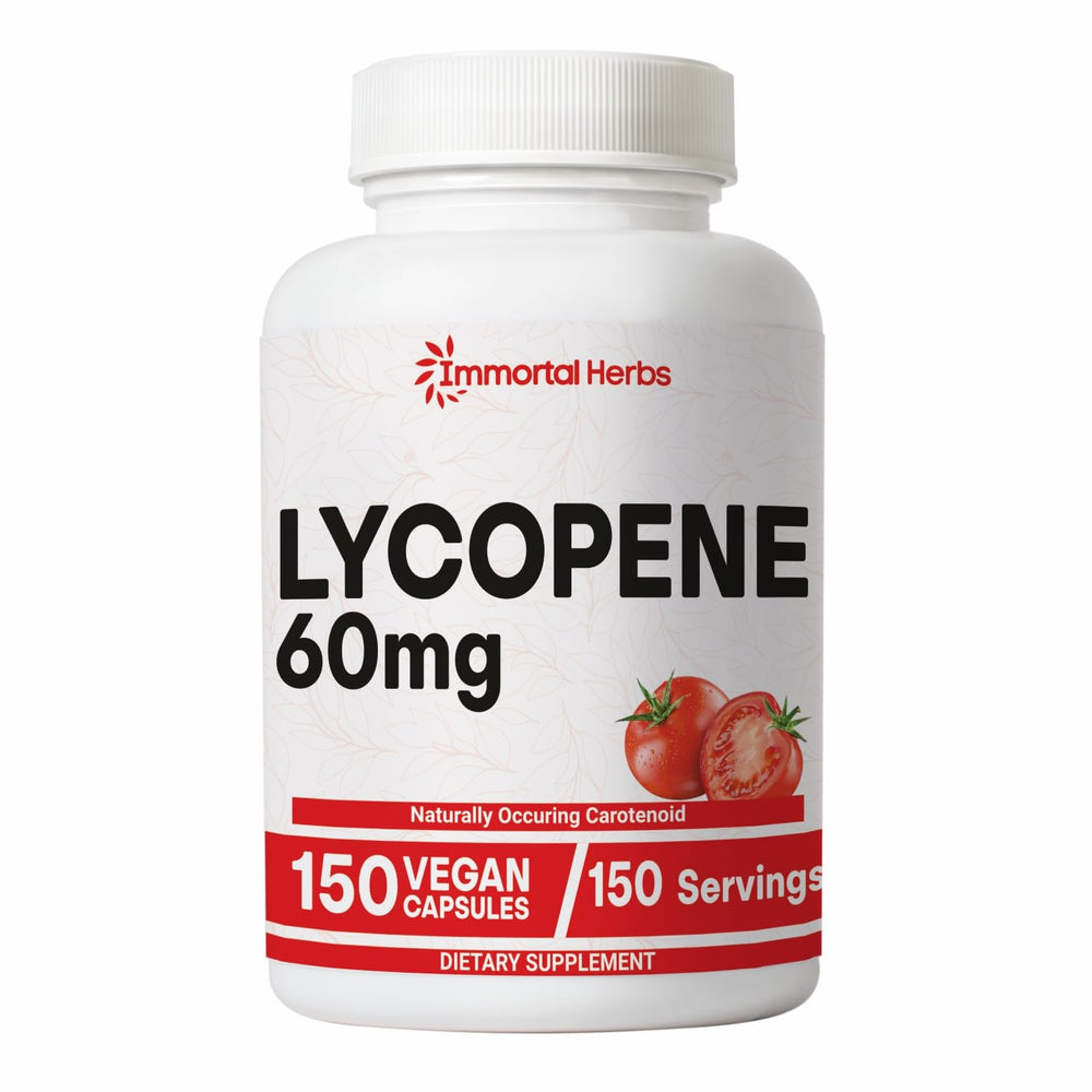 Immortal Herbs lycopene bottle on counter, supports daily carotenoid intake.