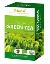 Imozai Organic Green Tea Bags packaging closeup showing freshness seal