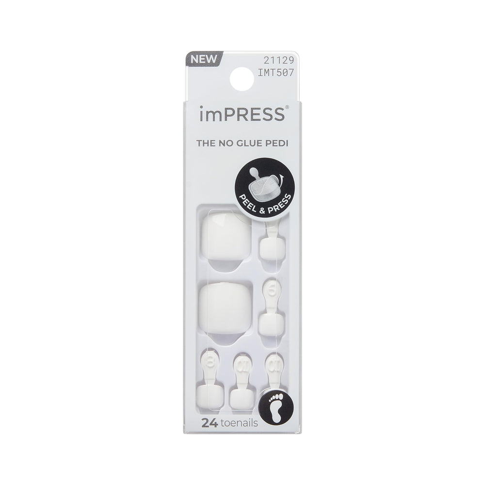 imPRESS Angel Vibes toenails shown for a quick at-home pedicure with no glue needed.
