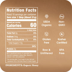 In The Raw Organic Honey 14oz bottle label detail showing purity and origin.