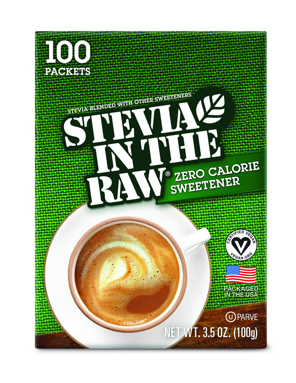 IN THE RAW Stevia packets box provides zero-calorie sweetness for coffee and tea.