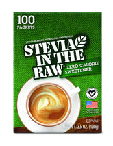 IN THE RAW Stevia packets box provides zero-calorie sweetness for coffee and tea.