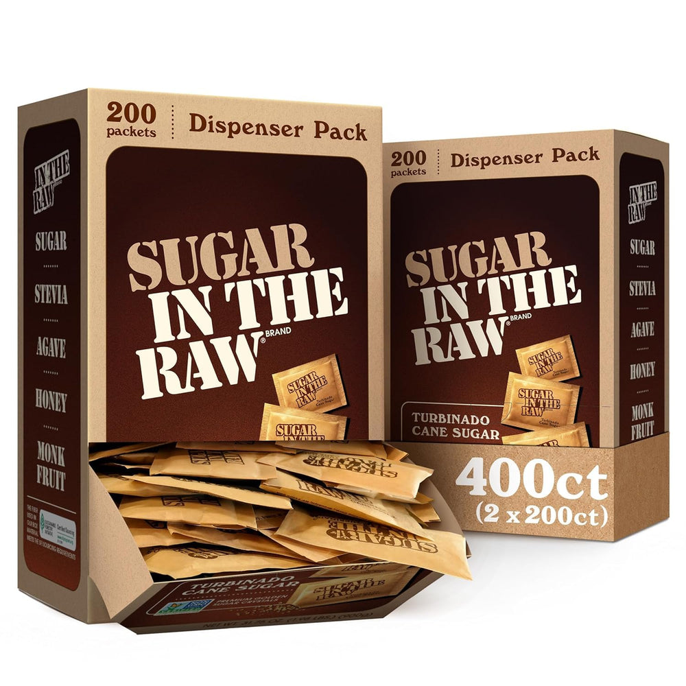 In The Raw sugar packets show amber crystals for rich coffee sweetness.