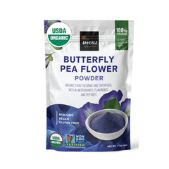 Incas Butterfly Pea Flower Powder bottle, USDA organic, ideal for vibrant kitchen coloring.