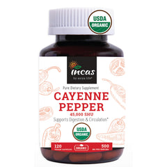 Incas by Asiya Life cayenne bottle for daily supplement routine and potential digestive support.