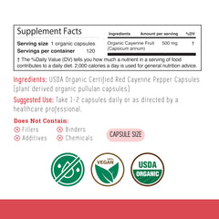 Close-up of Incas cayenne label highlighting USDA Organic certification and clean ingredients.