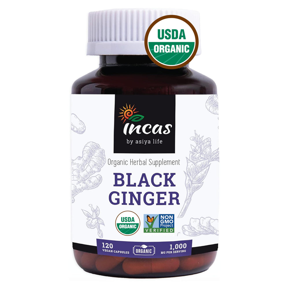 Incas by Asiya Life Thai Black Ginger bottle with vegan capsules for daily vitality