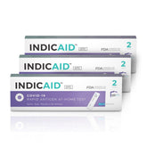 INDICAID COVID-19 antigen test box front, portable home testing option.