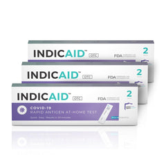 INDICAID COVID-19 antigen test box front, portable home testing option.