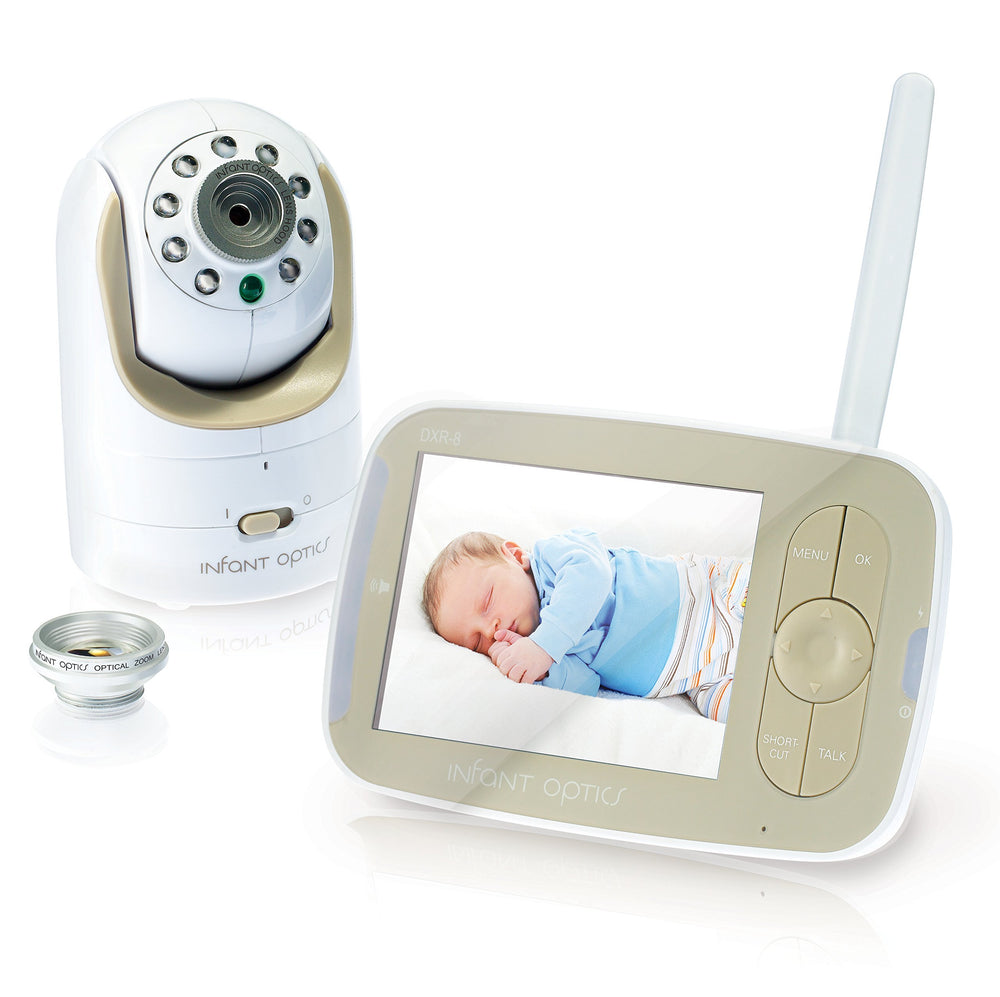 Infant Optics DXR-8 monitor front view shows compact, portable design for easy room monitoring.