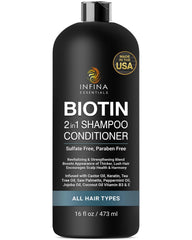 INFINA ESSENTIALS Biotin 2-in-1 shampoo bottle shows thickening formula for fuller hair.