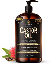 INFINA ESSENTIALS castor oil glass bottle pour for clean, precise application.