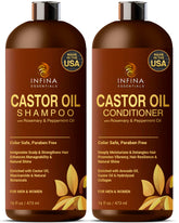 INFINA ESSENTIALS Castor Oil Shampoo bottle front highlights nourishing formula for thinning hair.