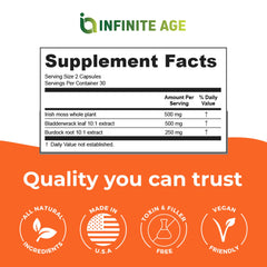 INFINITE AGE ingredients bowl showing sea moss, bladderwrack and burdock root